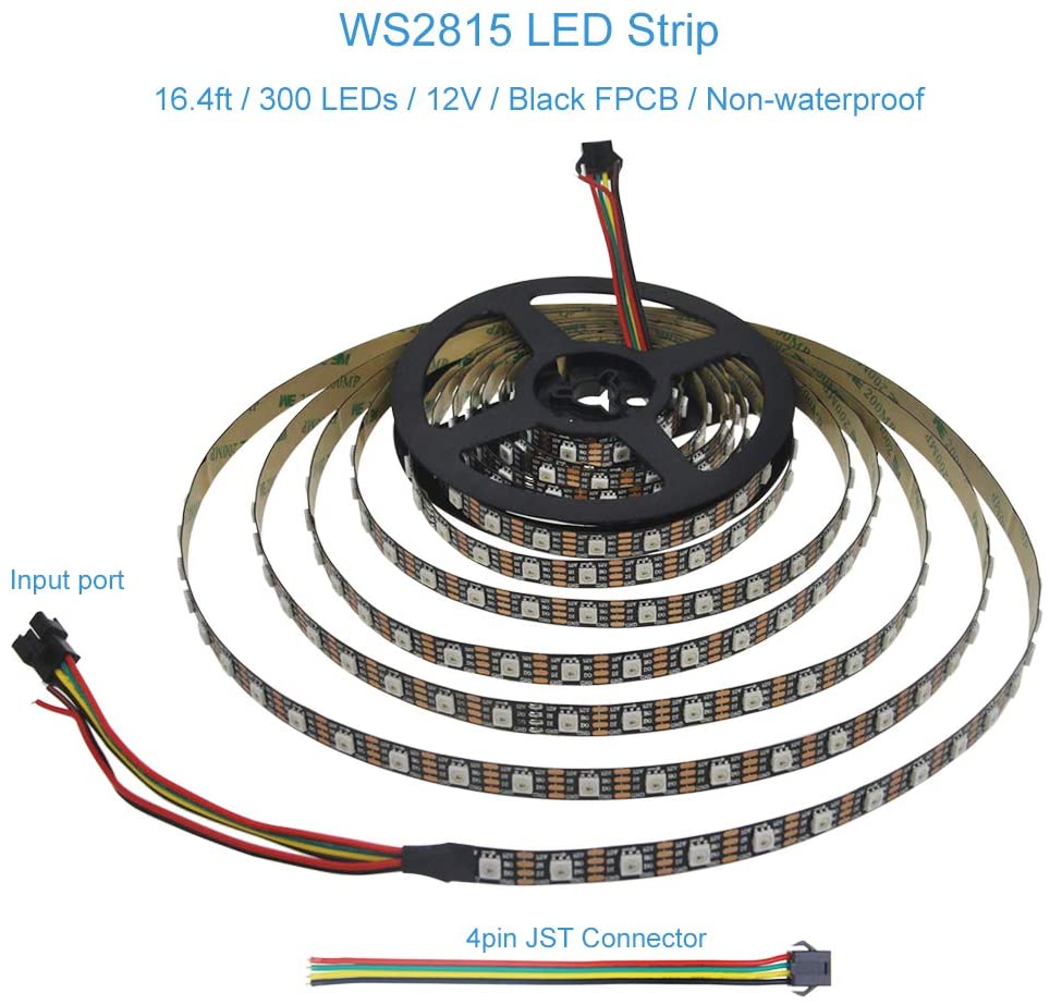 WSPixel 12V WS2815 Individually Addressable LED Flexible Strip 16.4ft/5m  300 LEDs Not Waterproof Black PCB for Decor Lighting Project